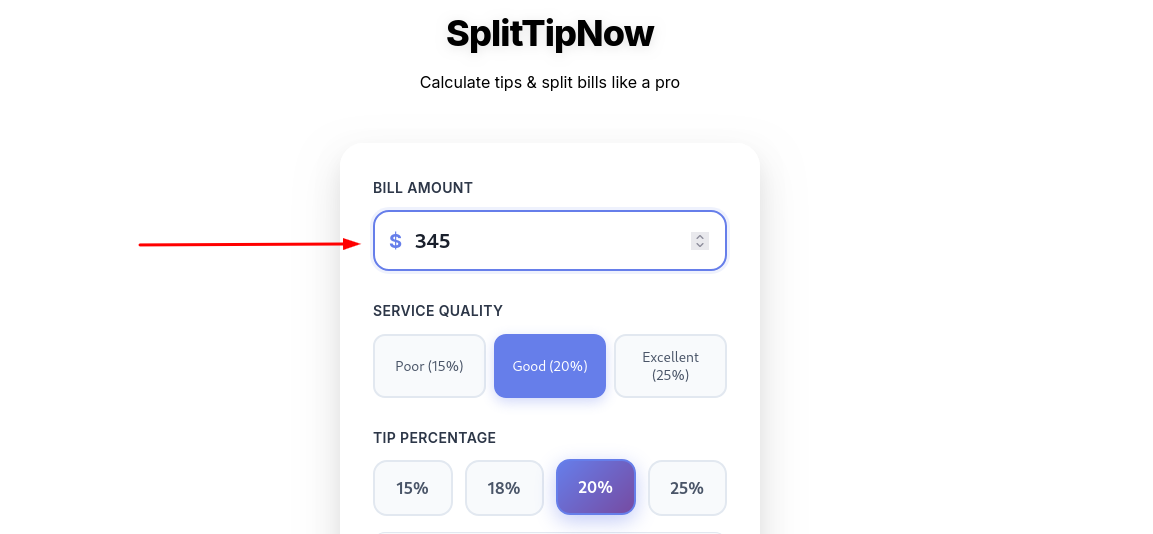 SplitTipNow Tip Calculator Bill Amount Field